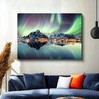 Yatay Kanvas Tablo Kuzey Işıkları ve Sahil Kasabası Manzara Tablosu Ev Ofis Duvar Dekoru