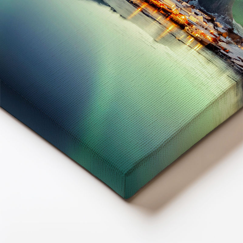 Yatay Kanvas Tablo Kuzey Işıkları ve Sahil Kasabası Manzara Tablosu Ev Ofis Duvar Dekoru