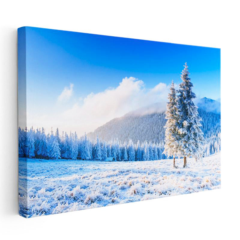 Yatay Kanvas Tablo Karlı İkiz Çam Ağacı Manzara Tablosu Ev Ofis Duvar Dekoru