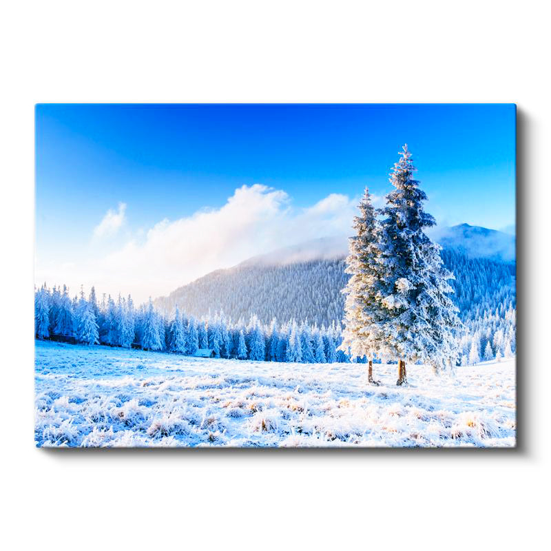 Yatay Kanvas Tablo Karlı İkiz Çam Ağacı Manzara Tablosu Ev Ofis Duvar Dekoru