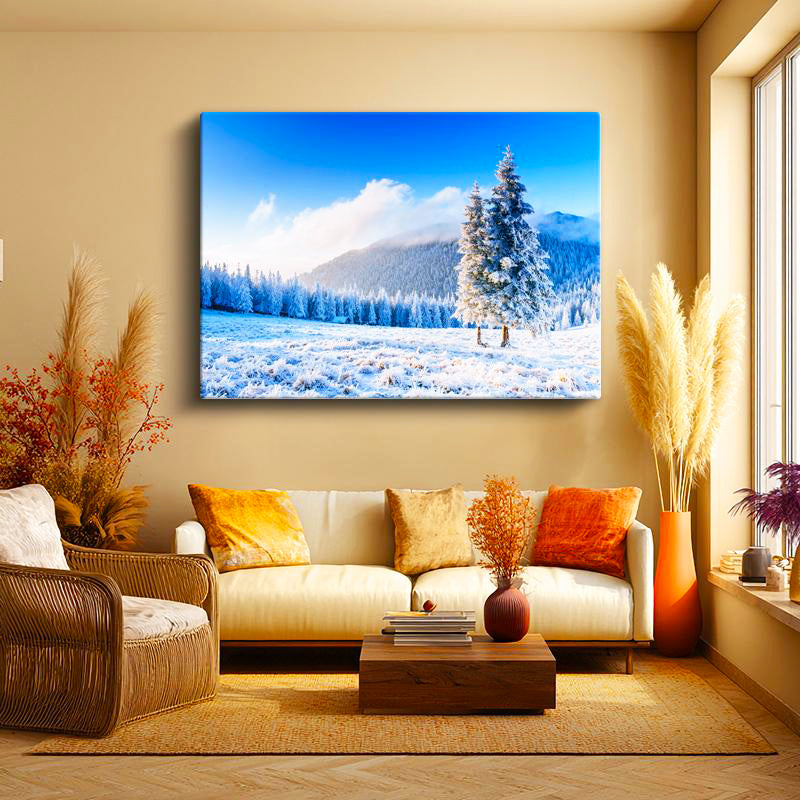 Yatay Kanvas Tablo Karlı İkiz Çam Ağacı Manzara Tablosu Ev Ofis Duvar Dekoru