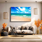 Yatay Kanvas Tablo Turkuaz Okyanus ve Kumsal Manzara Tablosu Ev Ofis Duvar Dekoru