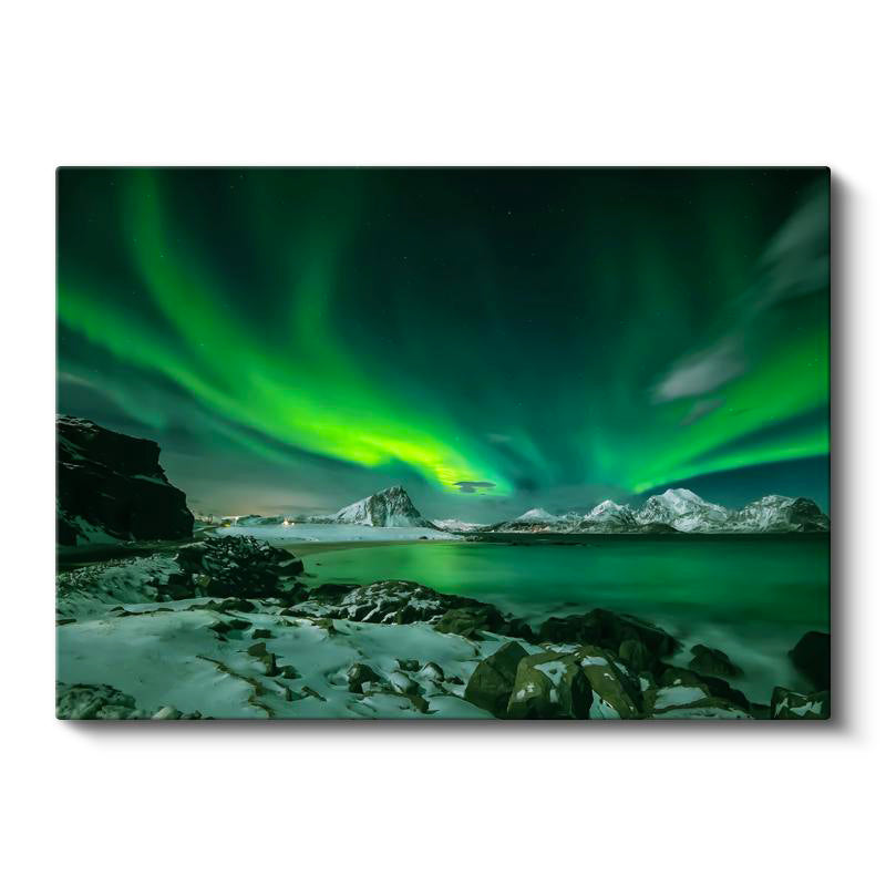 Yatay Kanvas Tablo Karlı Sahil Kuzey Işıkları Manzara Tablosu Ev Ofis Duvar Dekoru