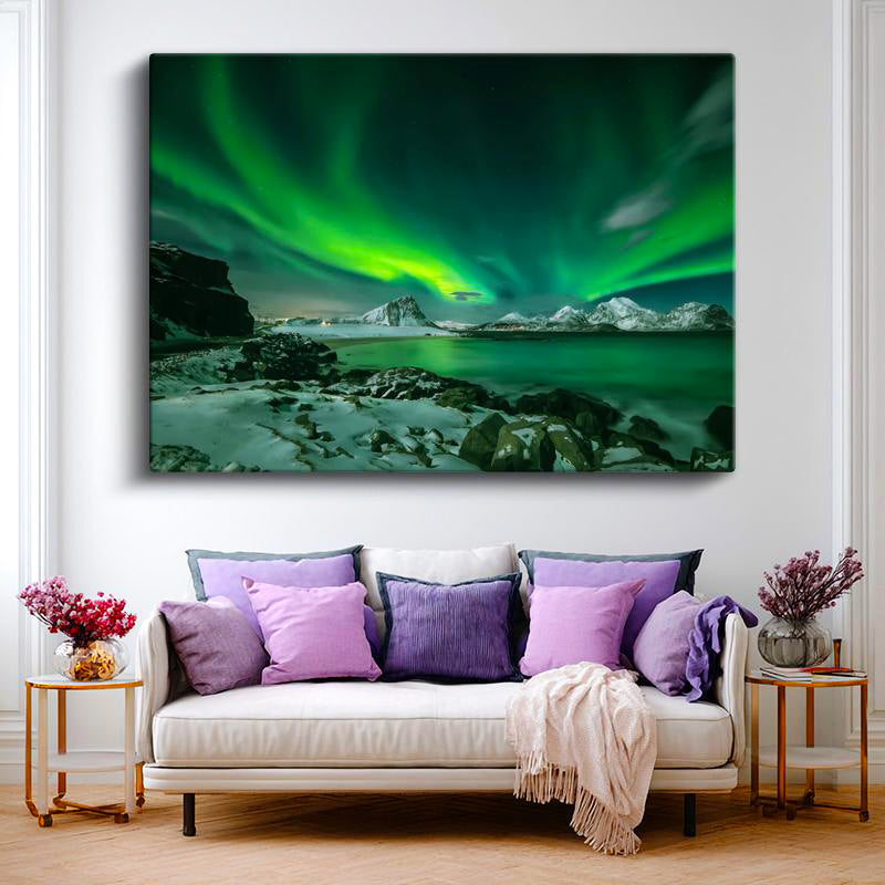 Yatay Kanvas Tablo Karlı Sahil Kuzey Işıkları Manzara Tablosu Ev Ofis Duvar Dekoru
