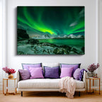 Yatay Kanvas Tablo Karlı Sahil Kuzey Işıkları Manzara Tablosu Ev Ofis Duvar Dekoru