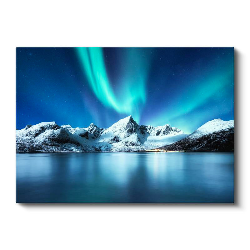Yatay Kanvas Tablo Aurora Altında Karlı Dağ Manzara Tablosu Ev Ofis Duvar Dekoru