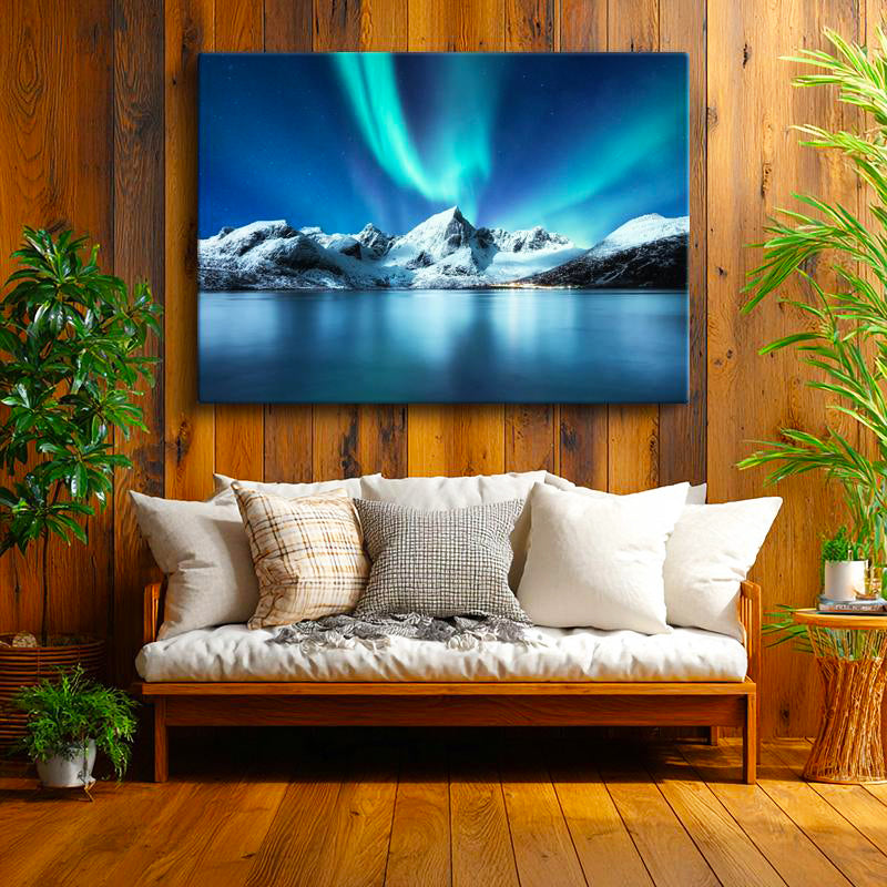 Yatay Kanvas Tablo Aurora Altında Karlı Dağ Manzara Tablosu Ev Ofis Duvar Dekoru