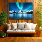 Yatay Kanvas Tablo Aurora Altında Karlı Dağ Manzara Tablosu Ev Ofis Duvar Dekoru