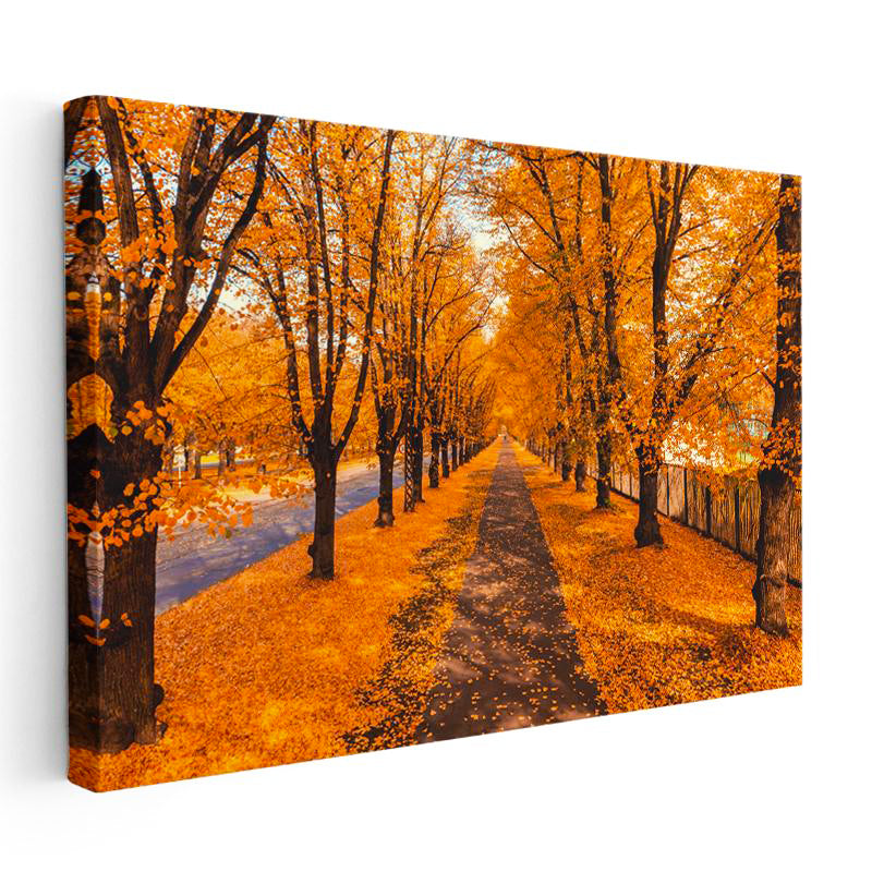 Yatay Kanvas Tablo Dökülen Yapraklar ve Park Yolu Manzara Tablosu Ev Ofis Duvar Dekoru