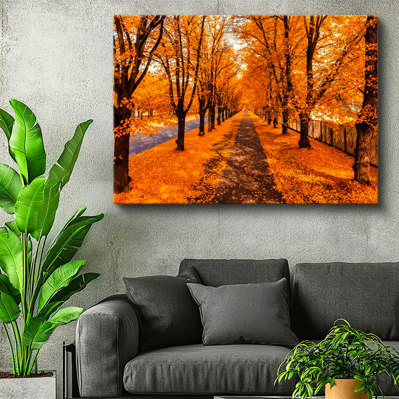 Yatay Kanvas Tablo Dökülen Yapraklar ve Park Yolu Manzara Tablosu Ev Ofis Duvar Dekoru