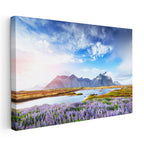 Yatay Kanvas Tablo Mor Çiçekli Vadi ve Dağlar Manzara Tablosu Ev Ofis Duvar Dekoru