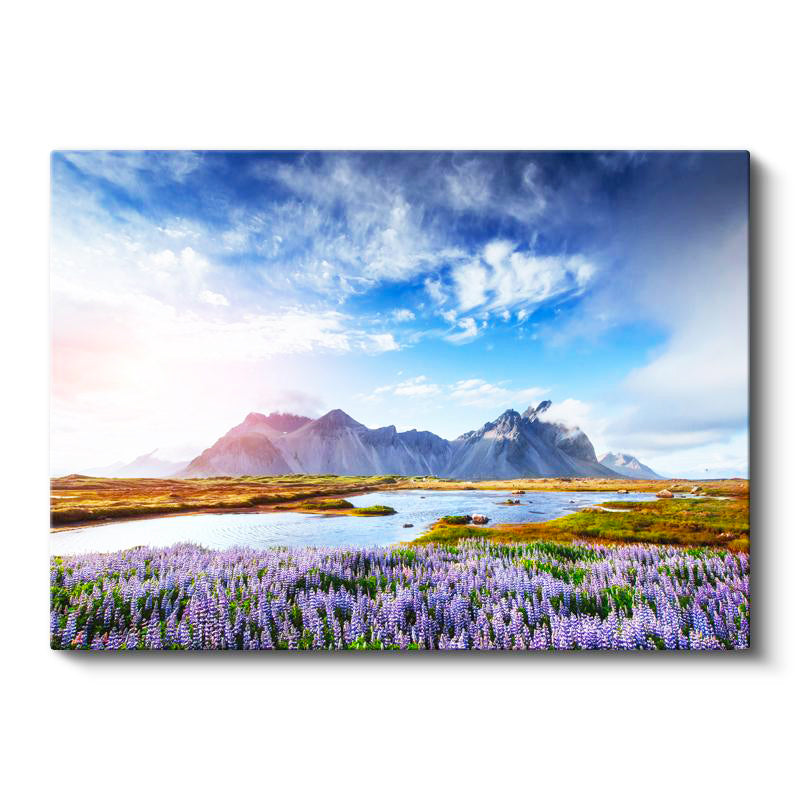 Yatay Kanvas Tablo Mor Çiçekli Vadi ve Dağlar Manzara Tablosu Ev Ofis Duvar Dekoru