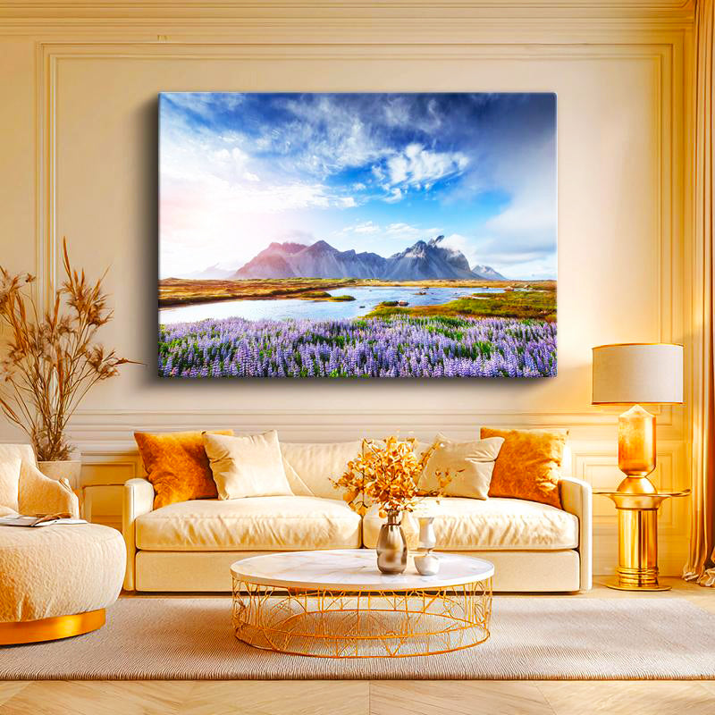 Yatay Kanvas Tablo Mor Çiçekli Vadi ve Dağlar Manzara Tablosu Ev Ofis Duvar Dekoru