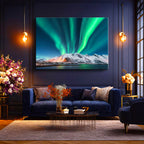 Yatay Kanvas Tablo Kutup Işıkları ve Karlı Zirve Manzara Tablosu Ev Ofis Duvar Dekoru