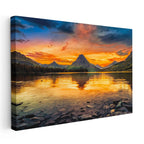 Yatay Kanvas Tablo Kızıl Gün Batımı ve Dağ Gölü Yansıması Manzara Tablosu Ev Ofis Duvar Dekoru