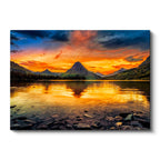 Yatay Kanvas Tablo Kızıl Gün Batımı ve Dağ Gölü Yansıması Manzara Tablosu Ev Ofis Duvar Dekoru