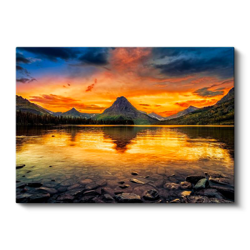 Yatay Kanvas Tablo Kızıl Gün Batımı ve Dağ Gölü Yansıması Manzara Tablosu Ev Ofis Duvar Dekoru