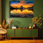 Yatay Kanvas Tablo Kızıl Gün Batımı ve Dağ Gölü Yansıması Manzara Tablosu Ev Ofis Duvar Dekoru