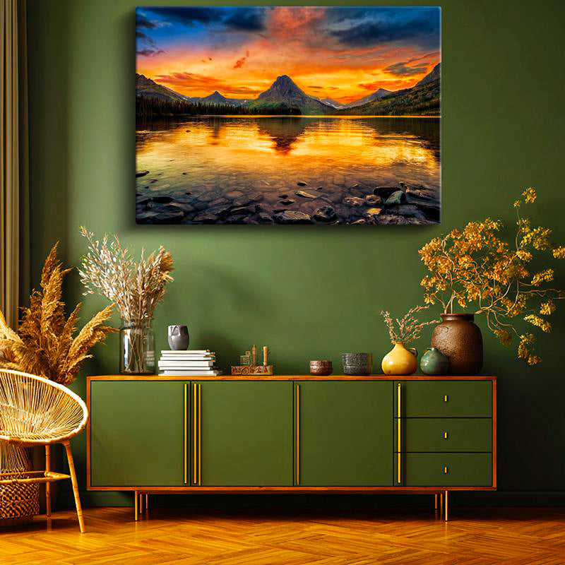 Yatay Kanvas Tablo Kızıl Gün Batımı ve Dağ Gölü Yansıması Manzara Tablosu Ev Ofis Duvar Dekoru