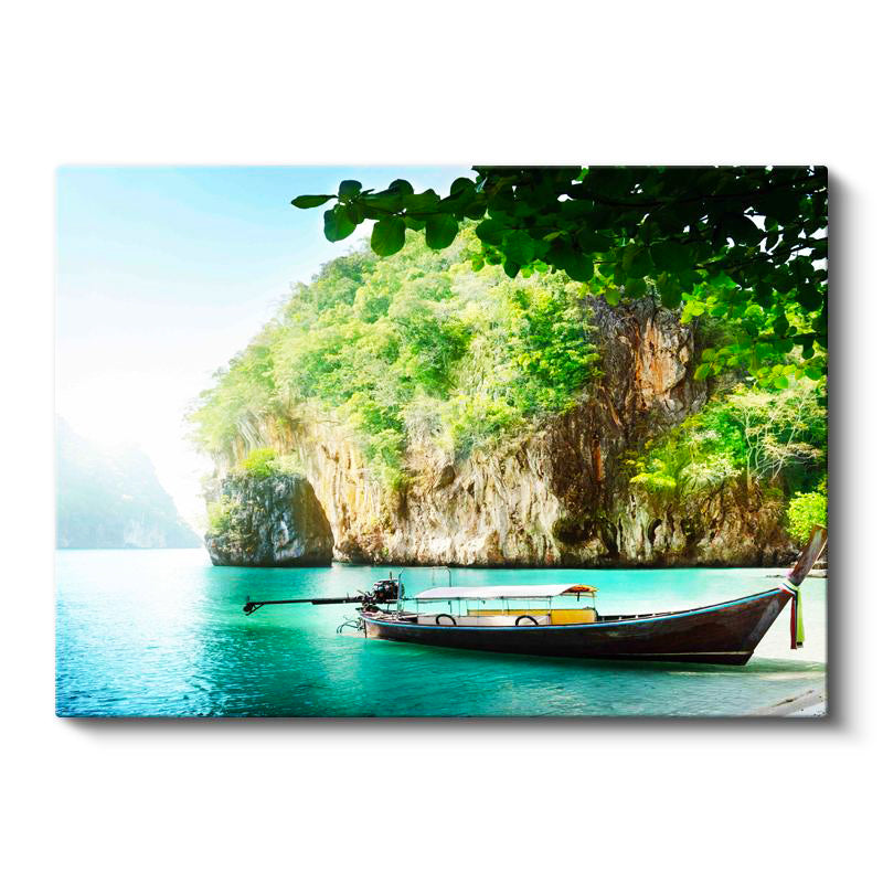 Yatay Kanvas Tablo Turkuaz Koy ve Kumsalda Duran Tekne Manzara Tablosu Ev Ofis Duvar Dekoru