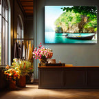 Yatay Kanvas Tablo Turkuaz Koy ve Kumsalda Duran Tekne Manzara Tablosu Ev Ofis Duvar Dekoru