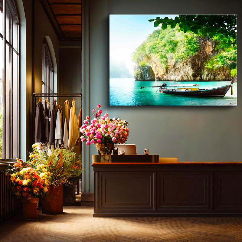 Yatay Kanvas Tablo Turkuaz Koy ve Kumsalda Duran Tekne Manzara Tablosu Ev Ofis Duvar Dekoru