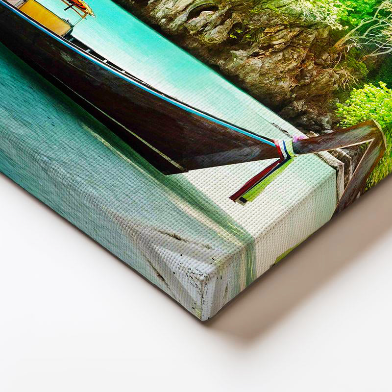 Yatay Kanvas Tablo Turkuaz Koy ve Kumsalda Duran Tekne Manzara Tablosu Ev Ofis Duvar Dekoru