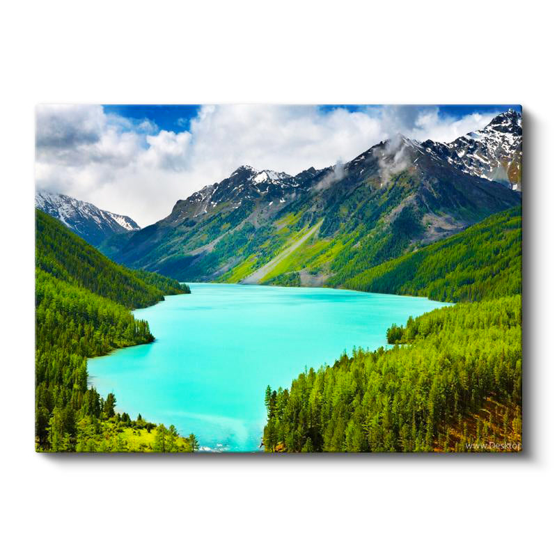 Yatay Kanvas Tablo Turkuaz Alp Gölü ve Yeşil Vadi Manzara Tablosu Ev Ofis Duvar Dekoru