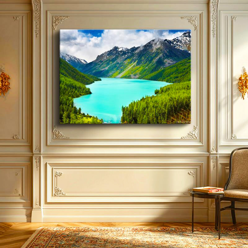 Yatay Kanvas Tablo Turkuaz Alp Gölü ve Yeşil Vadi Manzara Tablosu Ev Ofis Duvar Dekoru
