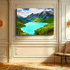 Yatay Kanvas Tablo Turkuaz Alp Gölü ve Yeşil Vadi Manzara Tablosu Ev Ofis Duvar Dekoru