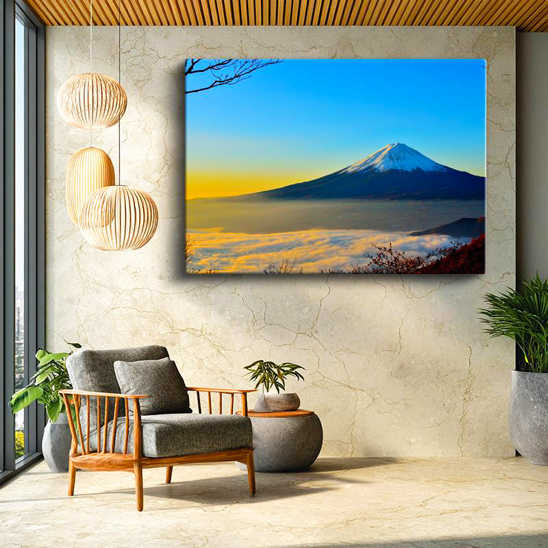 Yatay Kanvas Tablo Bulut Denizi ve Karlı Dağ Zirvesi Manzara Tablosu Ev Ofis Duvar Dekoru