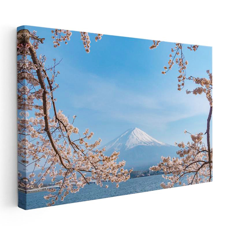 Yatay Kanvas Tablo Fuji Dağı ve Pembe Bahar Dalları Manzara Tablosu Ev Ofis Duvar Dekoru