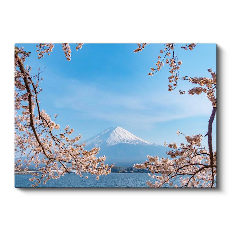 Yatay Kanvas Tablo Fuji Dağı ve Pembe Bahar Dalları Manzara Tablosu Ev Ofis Duvar Dekoru