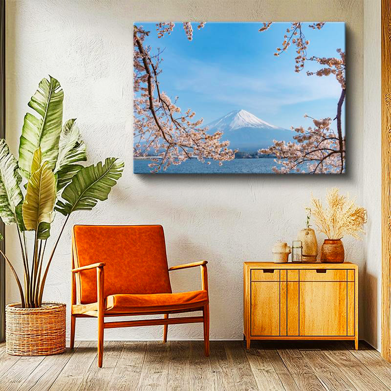 Yatay Kanvas Tablo Fuji Dağı ve Pembe Bahar Dalları Manzara Tablosu Ev Ofis Duvar Dekoru
