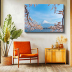 Yatay Kanvas Tablo Fuji Dağı ve Pembe Bahar Dalları Manzara Tablosu Ev Ofis Duvar Dekoru