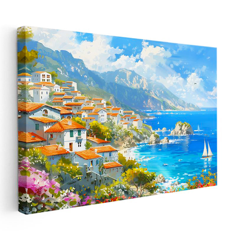 Yatay Kanvas Tablo Akdeniz Sahil Kasabası Yelkenli Ve Deniz Manzara Tablosu Ev Ofis Duvar Dekoru