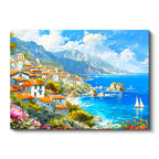 Yatay Kanvas Tablo Akdeniz Sahil Kasabası Yelkenli Ve Deniz Manzara Tablosu Ev Ofis Duvar Dekoru