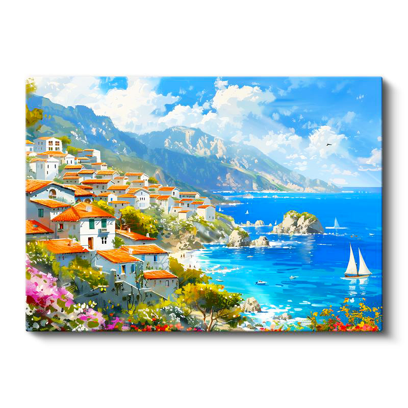 Yatay Kanvas Tablo Akdeniz Sahil Kasabası Yelkenli Ve Deniz Manzara Tablosu Ev Ofis Duvar Dekoru