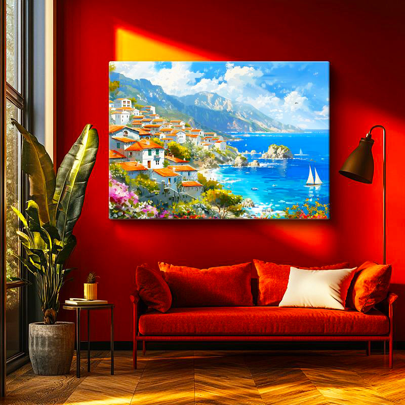 Yatay Kanvas Tablo Akdeniz Sahil Kasabası Yelkenli Ve Deniz Manzara Tablosu Ev Ofis Duvar Dekoru