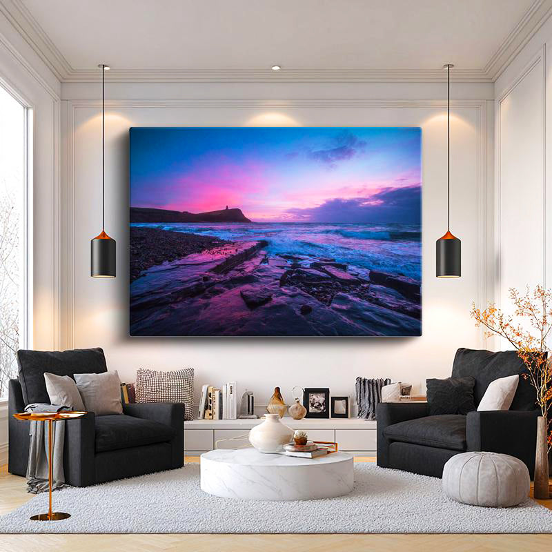 Yatay Kanvas Tablo Islak Sahil Kayaları Ve Pembe Ufuk Manzara Tablosu Ev Ofis Duvar Dekoru