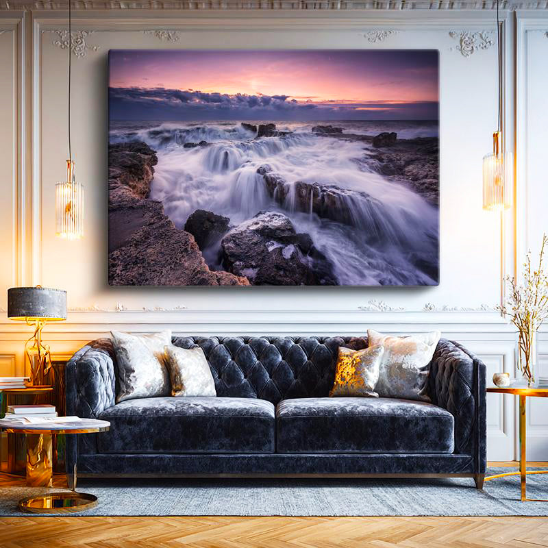 Yatay Kanvas Tablo Dalgalı Deniz Ve Kaya Şelaleleri Manzara Tablosu Ev Ofis Duvar Dekoru