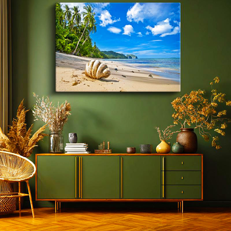 Yatay Kanvas Tablo Kumsalda Büyük Deniz Kabuğu Manzara Tablosu Ev Ofis Duvar Dekoru
