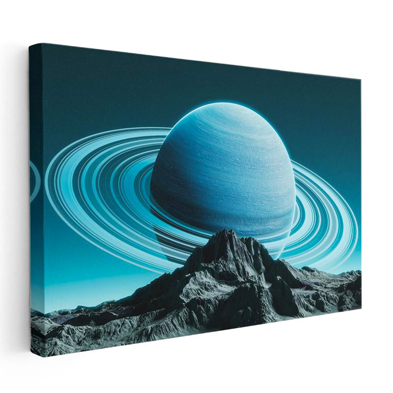 Yatay Kanvas Tablo Dağ Zirvesi Ve Halkalı Mavi Gezegen Manzara Tablosu Ev Ofis Duvar Dekoru