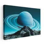 Yatay Kanvas Tablo Dağ Zirvesi Ve Halkalı Mavi Gezegen Manzara Tablosu Ev Ofis Duvar Dekoru