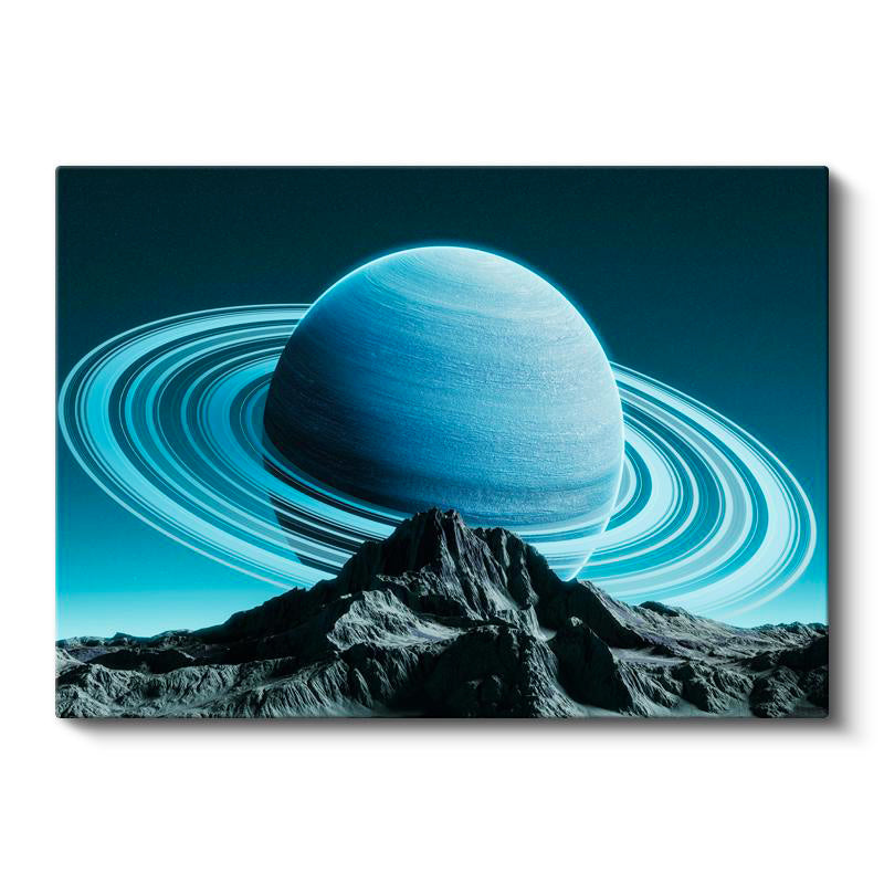 Yatay Kanvas Tablo Dağ Zirvesi Ve Halkalı Mavi Gezegen Manzara Tablosu Ev Ofis Duvar Dekoru