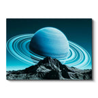 Yatay Kanvas Tablo Dağ Zirvesi Ve Halkalı Mavi Gezegen Manzara Tablosu Ev Ofis Duvar Dekoru