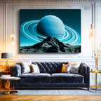 Yatay Kanvas Tablo Dağ Zirvesi Ve Halkalı Mavi Gezegen Manzara Tablosu Ev Ofis Duvar Dekoru