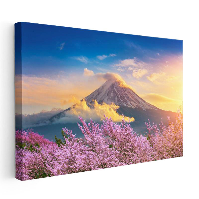 Yatay Kanvas Tablo Karlı Fuji Dağı Ve Sakura Ağaçları Manzara Tablosu Ev Ofis Duvar Dekoru