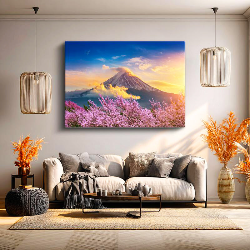 Yatay Kanvas Tablo Karlı Fuji Dağı Ve Sakura Ağaçları Manzara Tablosu Ev Ofis Duvar Dekoru