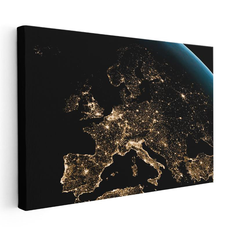 Yatay Kanvas Tablo Gece Dünya Haritası Ve Şehir Işıkları Manzara Tablosu Ev Ofis Duvar Dekoru